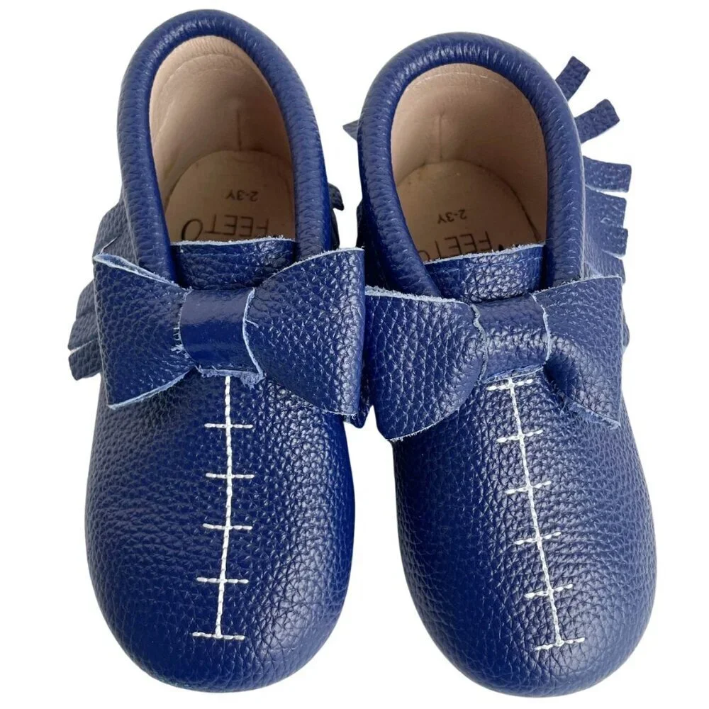 NEW‎ Monkey Feet Leather Blue Bow Moccasin Style Sandals Shoes - Size 2-3 Years